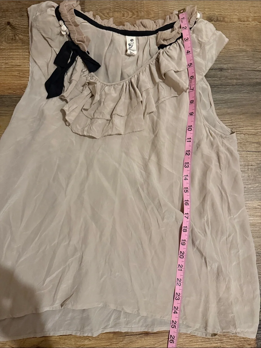 Floreat by Anthropologie Beige Ruffle Silk Camisole with Black Bow Accent